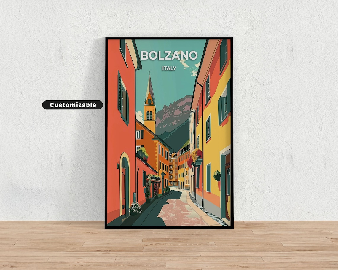 Bolzano Italy Old Town Street Mountain View Vintage Travel Poster