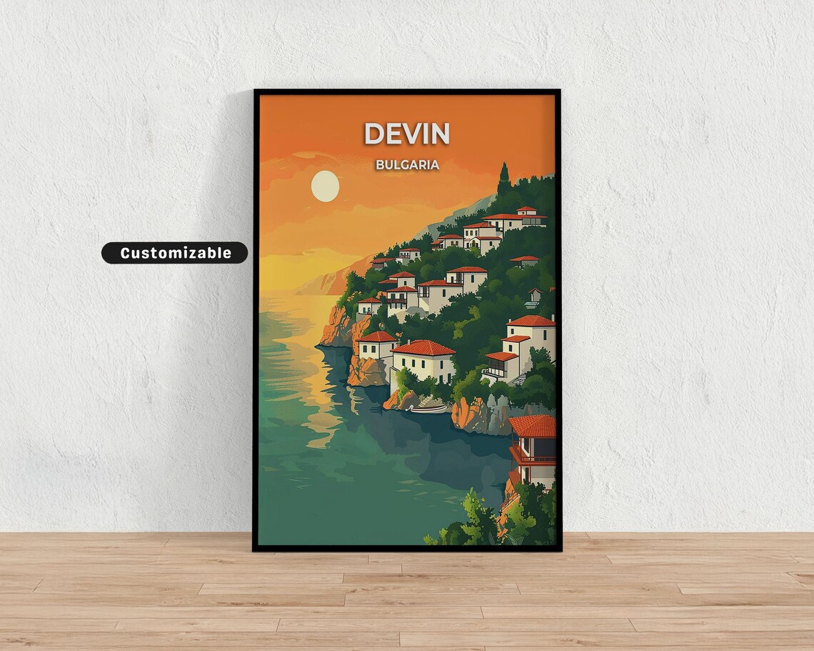Devin Bulgaria Travel Poster Sunset Coastal Village Red Roofs Europe