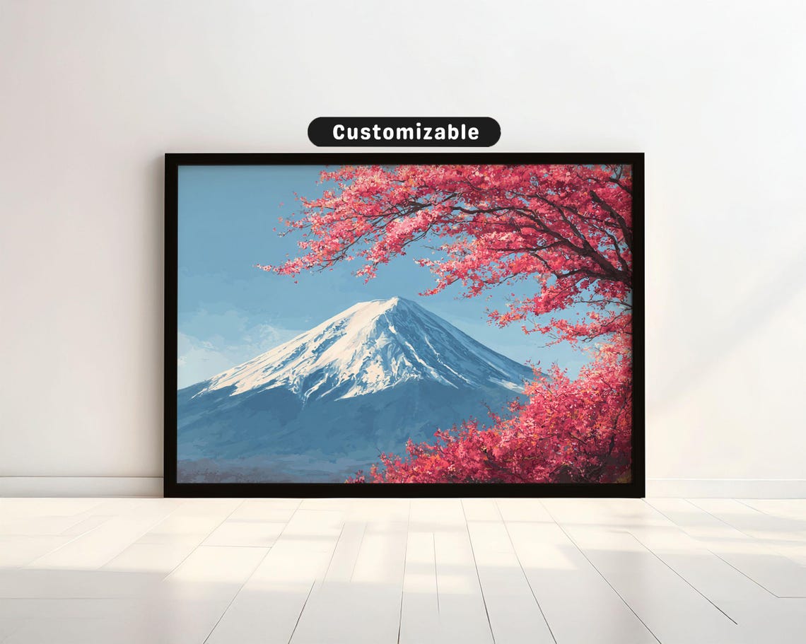 Fuji Mountain With Blossoms And Gentle Wind Japanese Wall Art Print Zen Asian Decor