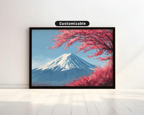 Fuji Mountain With Blossoms And Gentle Wind Japanese Wall Art Print Zen Asian Decor