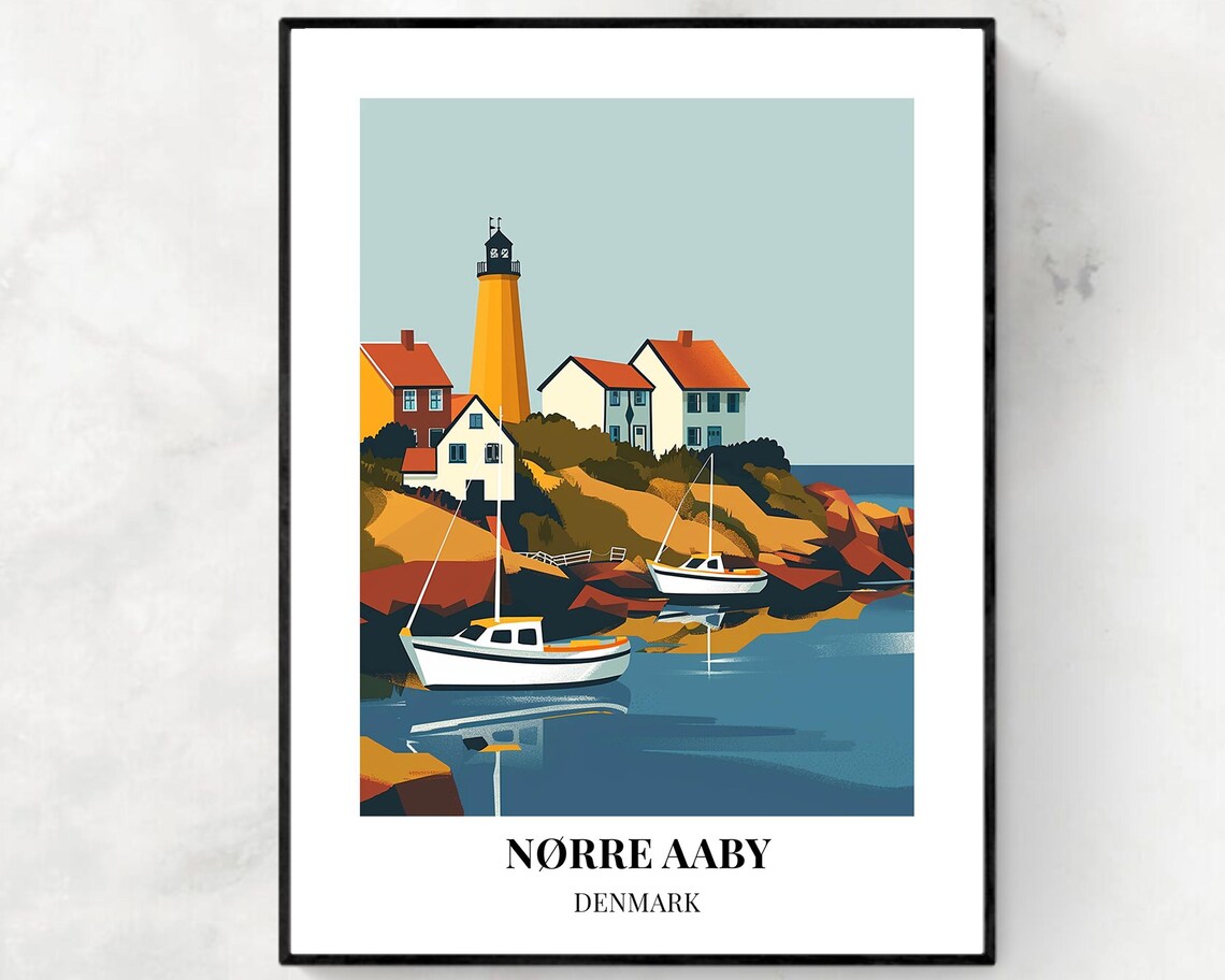 Norre Aaby Golden Lighthouse over Fishing Boats Denmark Poster