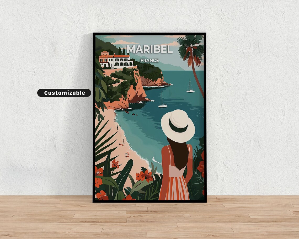 Maribel France Coastal Riviera Cove Sailboat Vintage Travel Poster