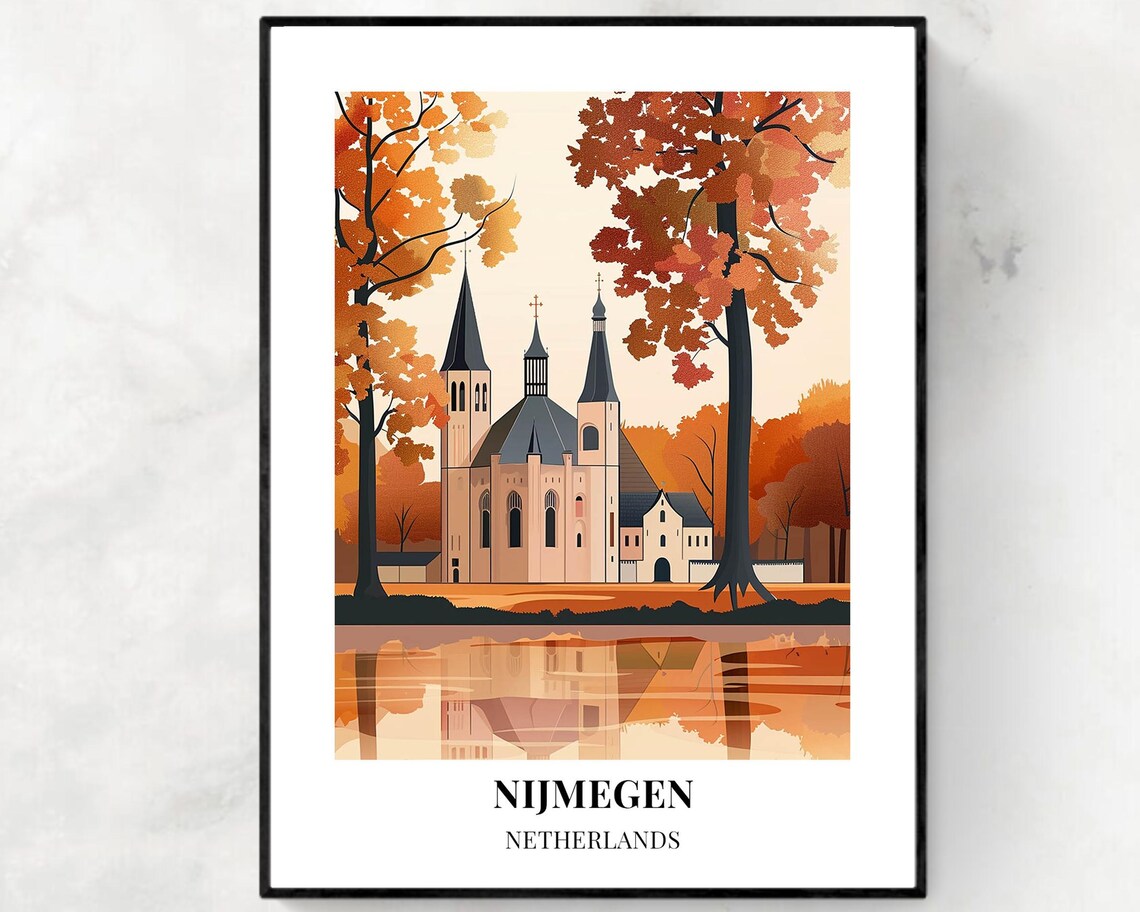 Nijmegen Netherlands Autumn Church Riverside Reflection Travel Poster