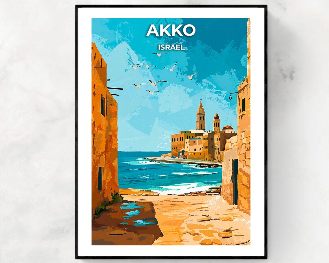 Akko Israel Old City Stone Alley Sea View Towers Travel Poster