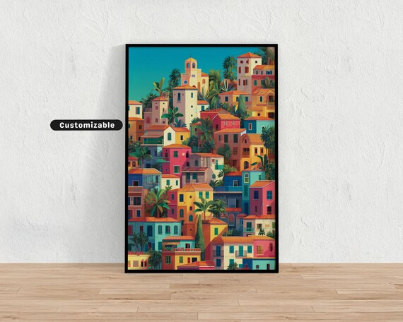 Colorful Hillside Town With Layered Houses And Lush Plants Mediterranean Wall Art Tropical Illustration Print Modern Boho Hom