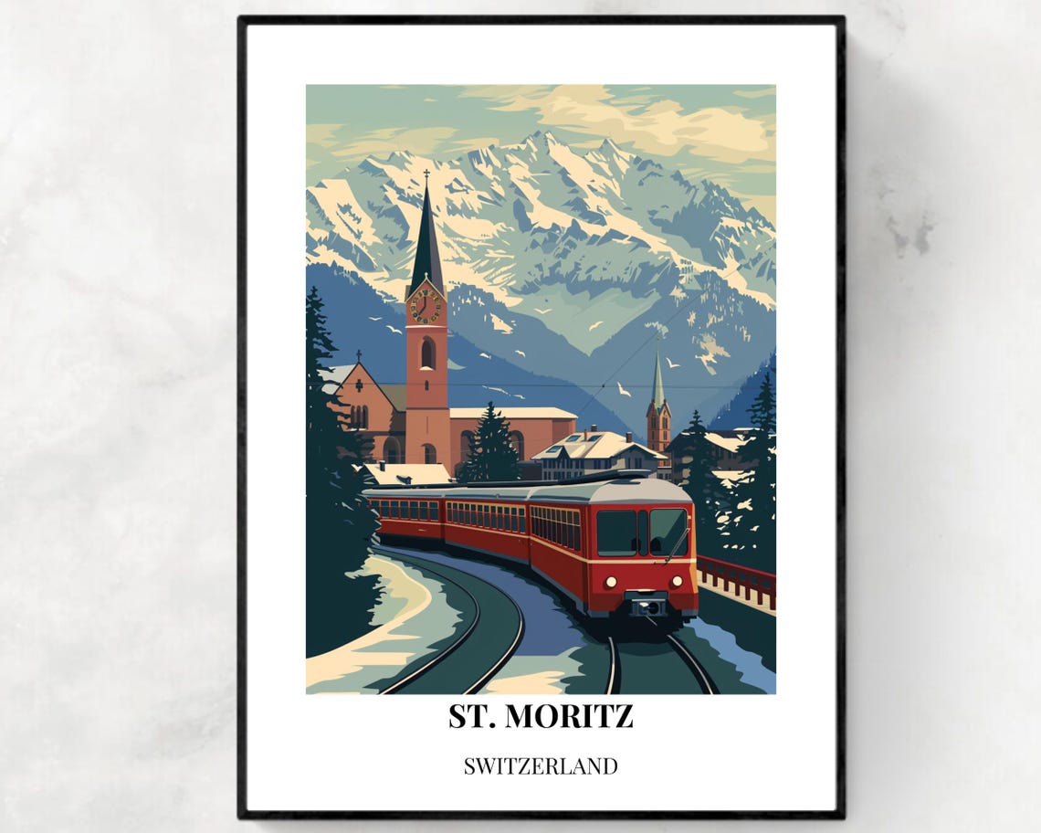 St Moritz Switzerland Red Train Alpine Village Travel Poster