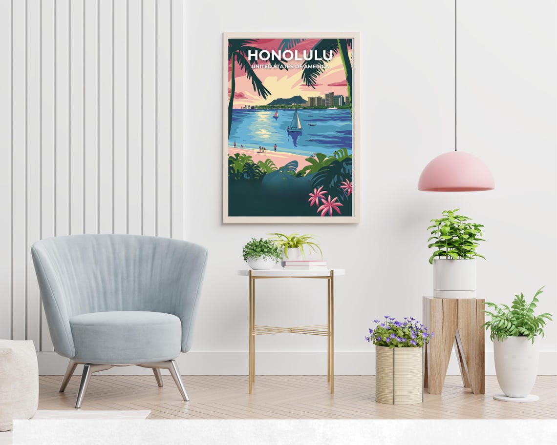 Honolulu Skyline Palm Beach Sunset Retro Hawaii Travel Poster - Image 2