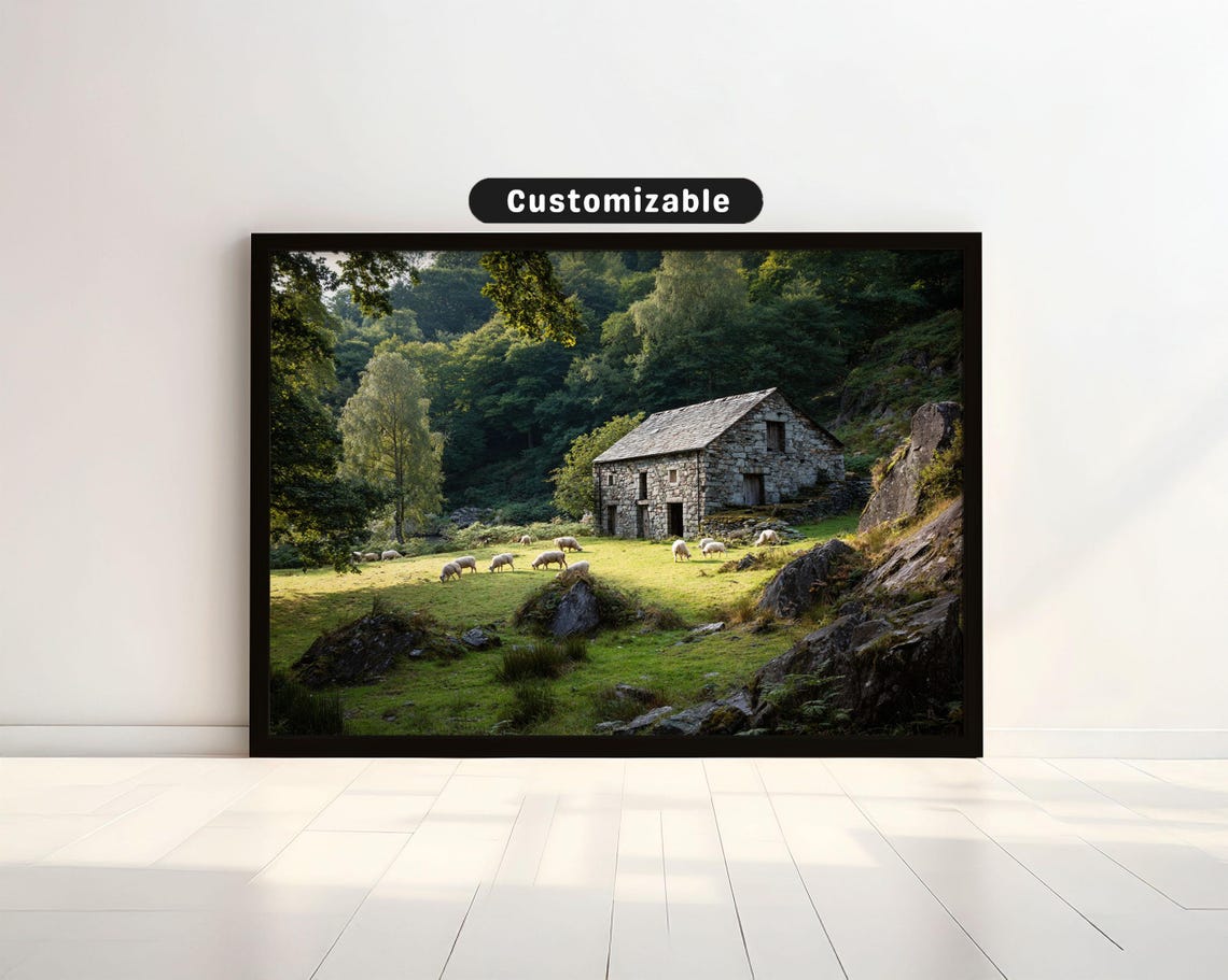 Rustic Stone Barn Green Meadow Grazing Sheep Countryside Poster