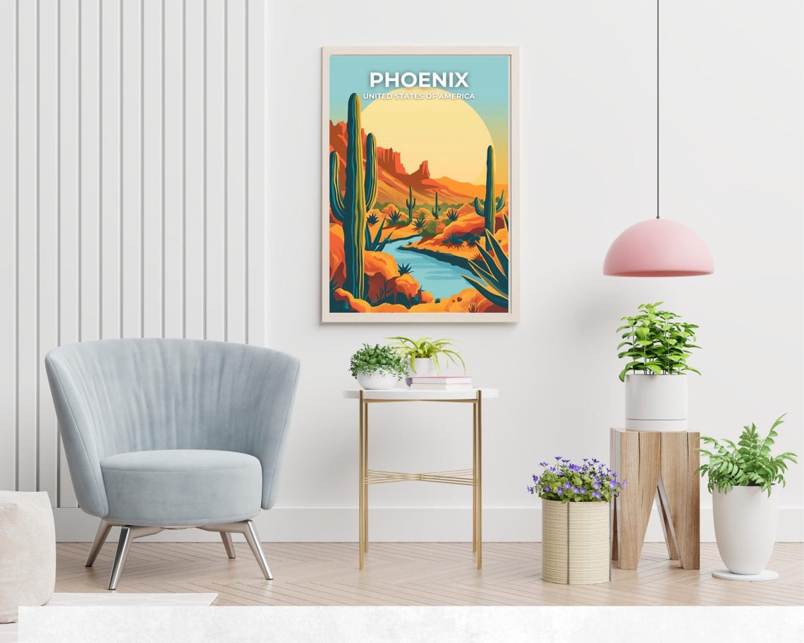Phoenix Arizona Desert Cactus Sunset Travel Poster with White Text - Image 2