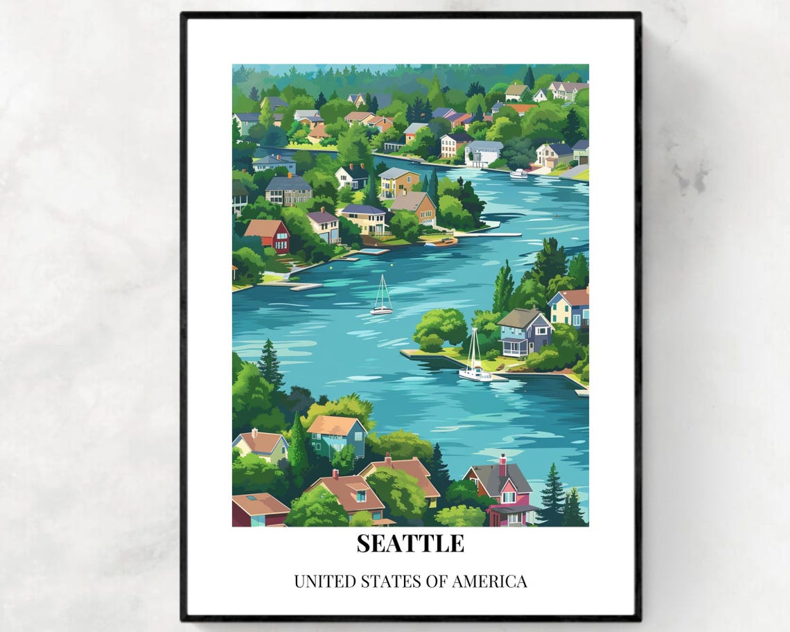 Seattle Lakeside Neighborhood Canal Bottom Caption Travel Poster