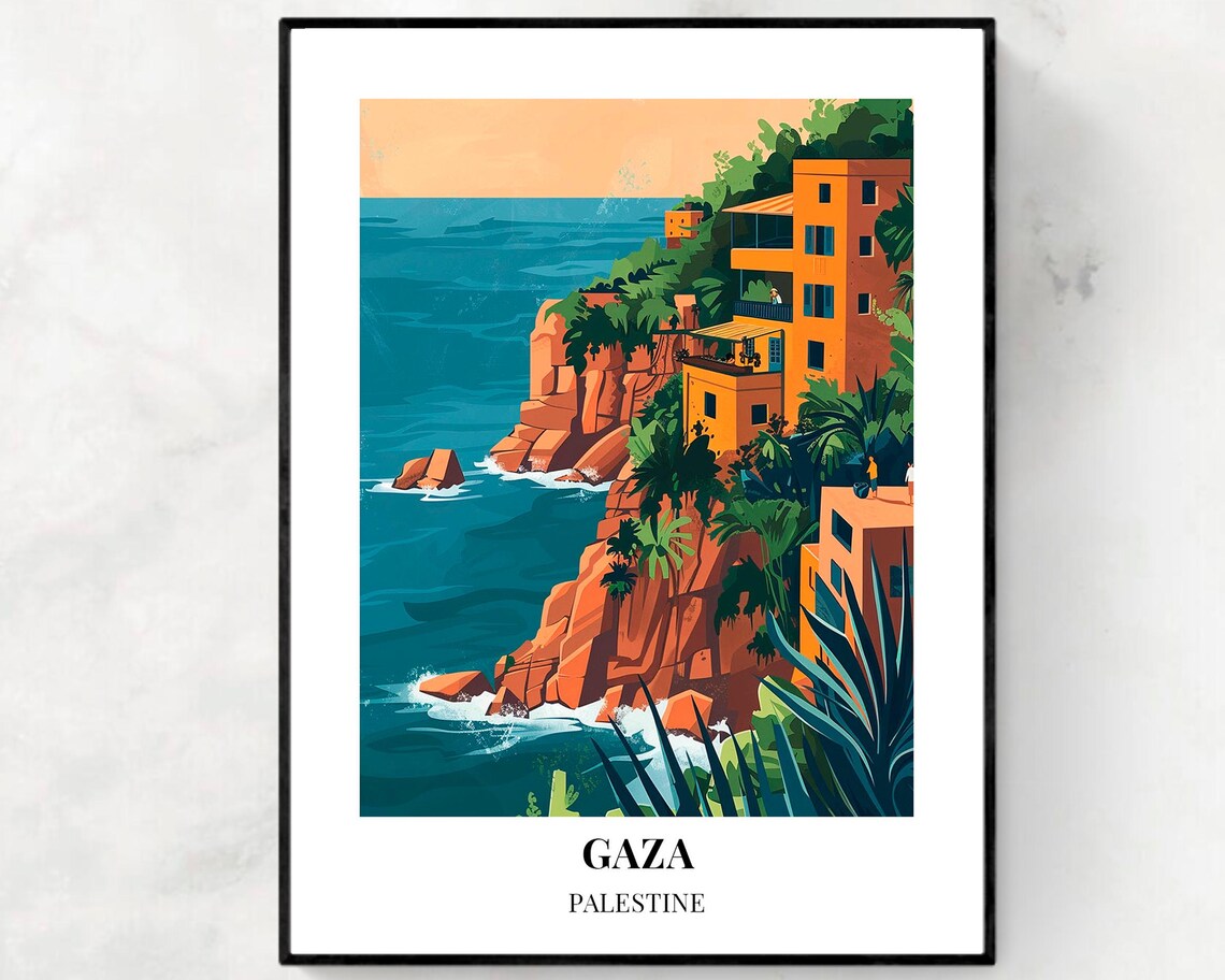 Gaza Sunlit Coastal Cliffs Colorful Houses Turquoise Sea Poster