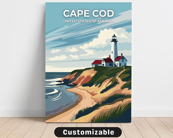 Sunny Cape Cod USA Vintage Travel Poster Lighthouse Dunes Coast