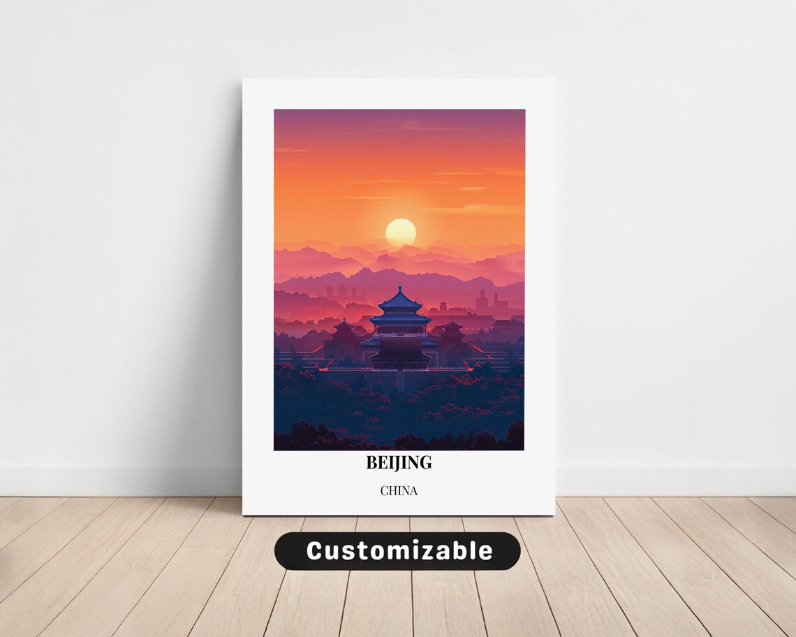 Beijing China Pink Sunset Temple Skyline Minimalist Travel Poster