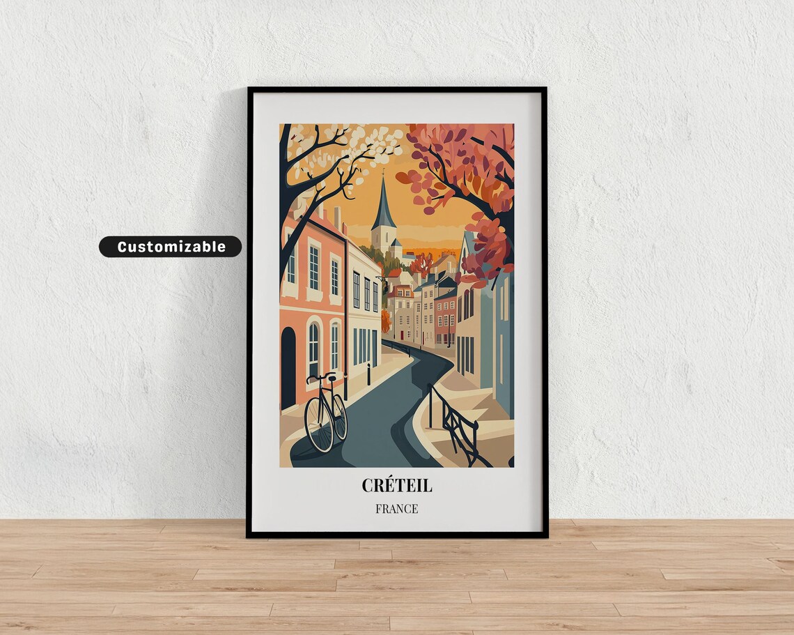 Creteil France Autumn Street Travel Poster Retro Town Illustration