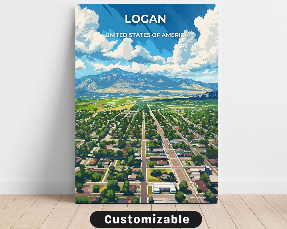 Logan United States Mountain City Aerial Travel Illustration Poster