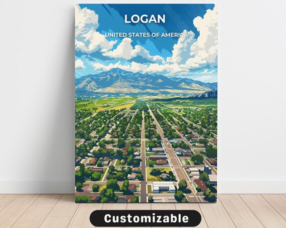 Logan United States Mountain City Aerial Travel Illustration Poster