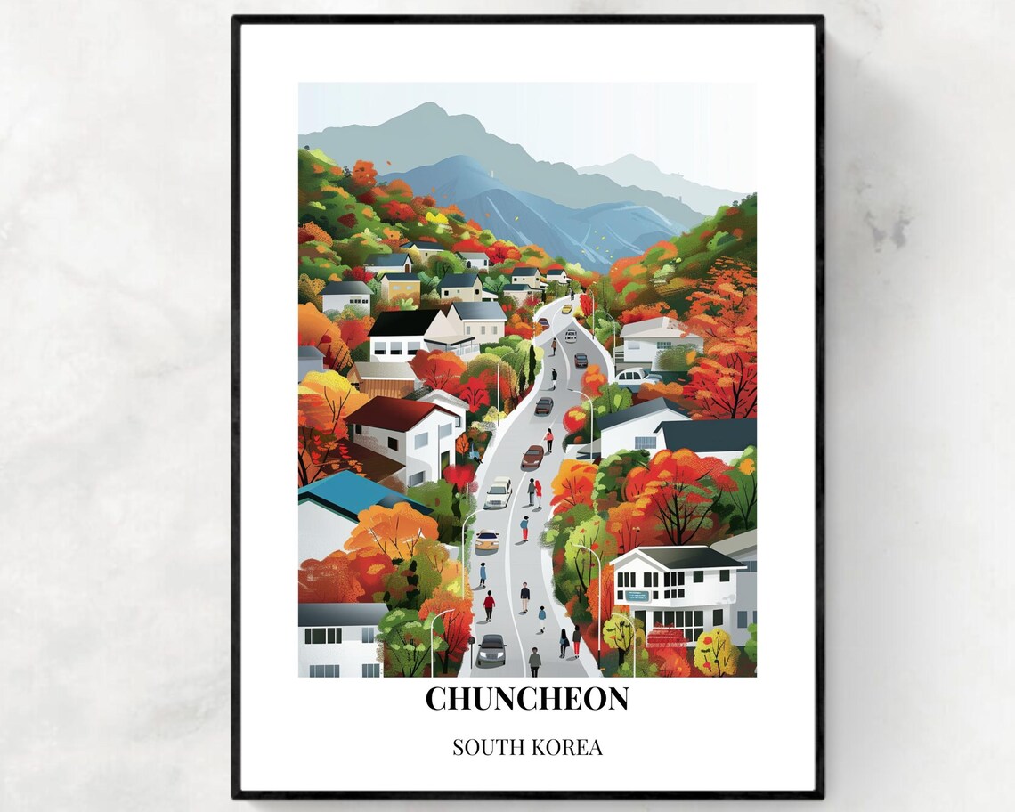 Chuncheon South Korea Hillside Village Winding Autumn Road Poster