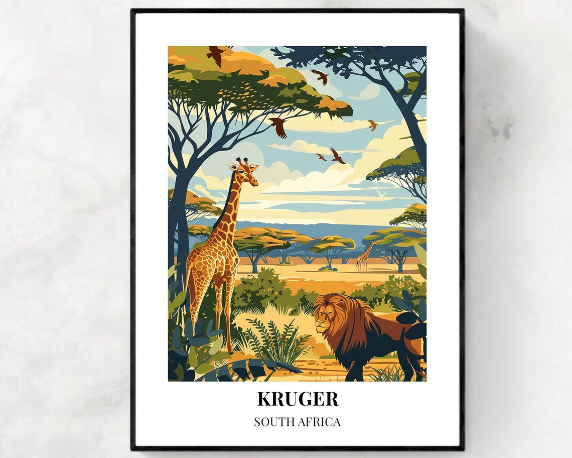 Kruger National Park Giraffe and Lion South Africa Safari Poster