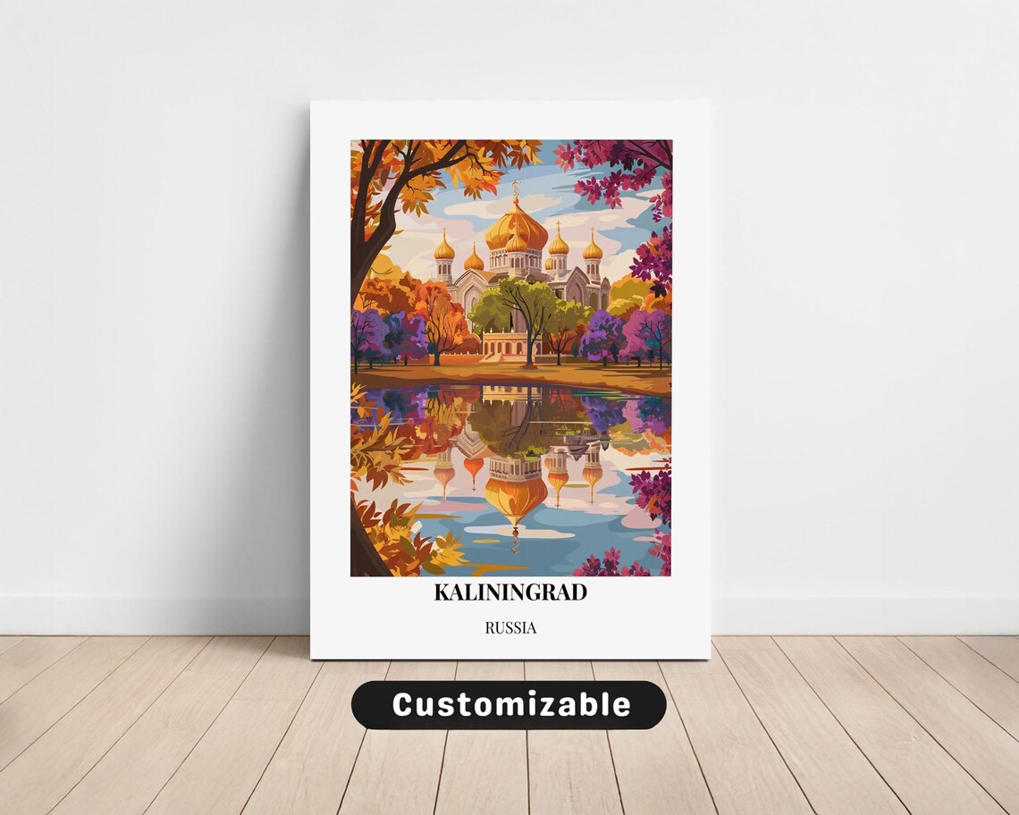 Kaliningrad Russia Golden Domes Lake Reflection Travel Poster