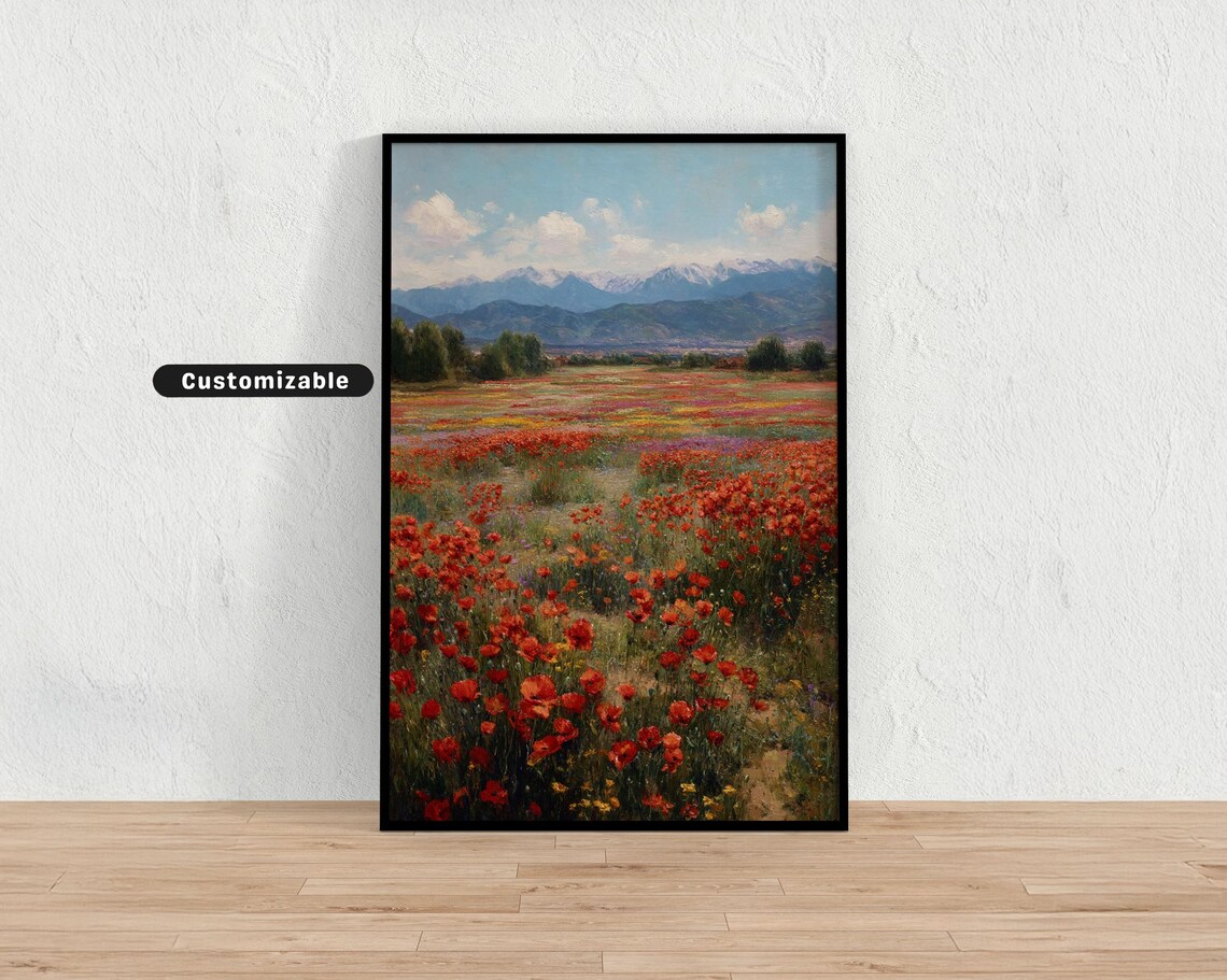 Red Poppy Field Snow Mountains Vibrant Nature Landscape Poster