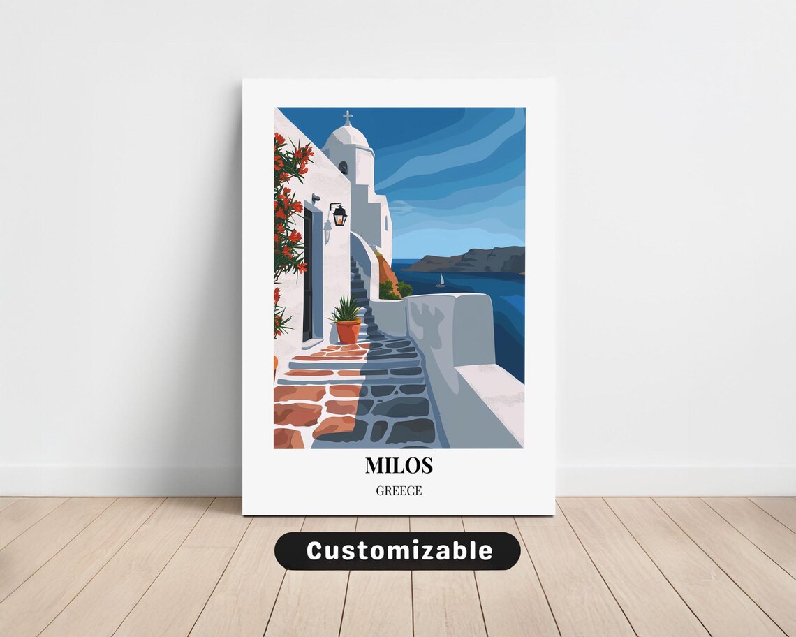 Milos Greece Whitewashed Church Aegean Sea Vintage Travel Poster
