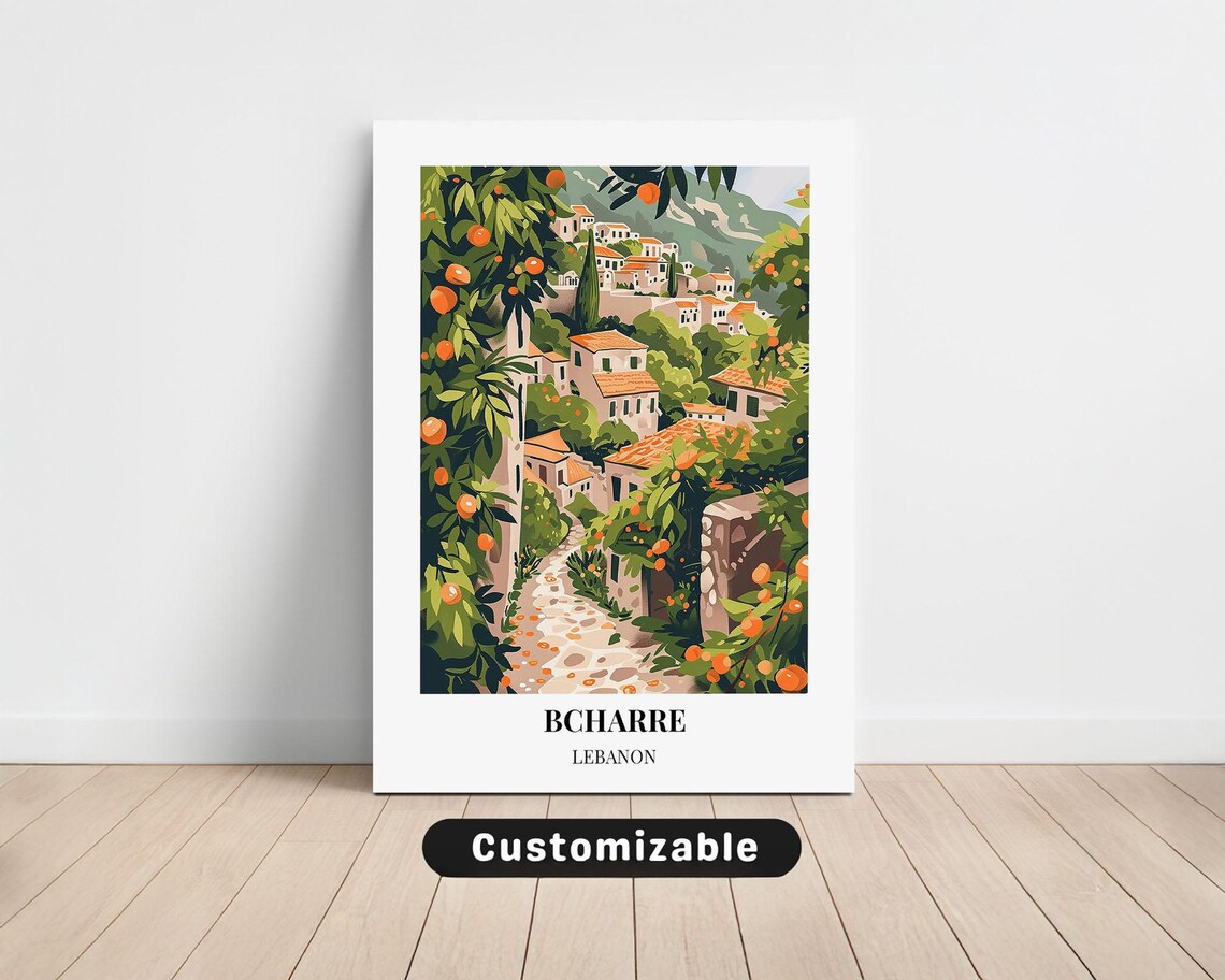 Sunny Bcharre Lebanon Orange Grove Hillside Village Travel Poster