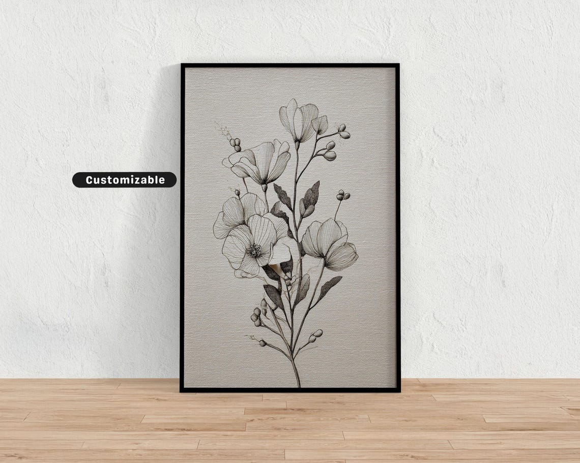 Fine Line Wildflower Sketch Neutral Botanical Drawing Off White Print
