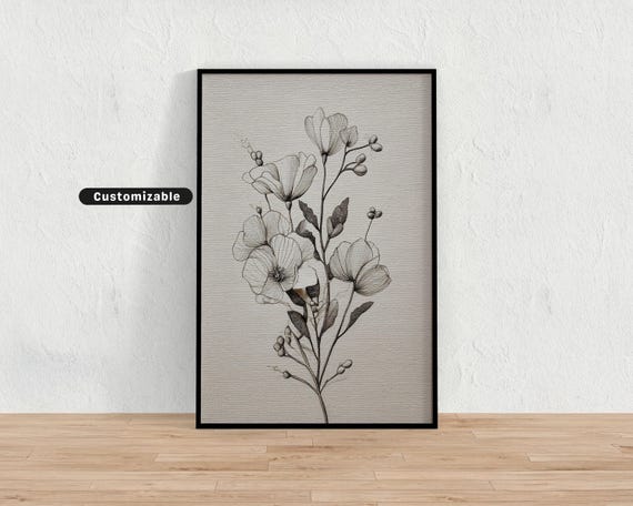 Fine Line Botanical Art On Offwhite Poster Minimal Wall Neutral Nature Print