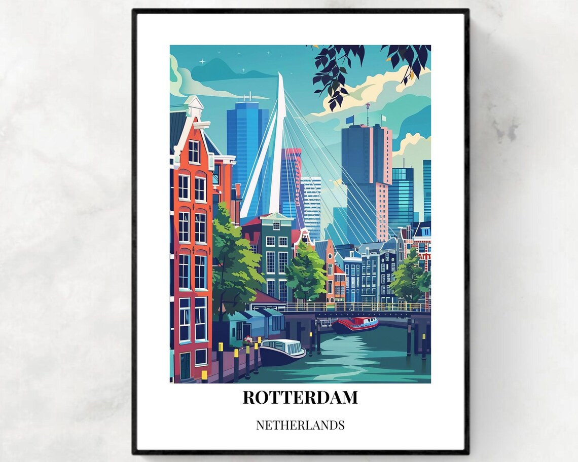 Rotterdam Netherlands Erasmus Bridge Skyline Art Travel Poster
