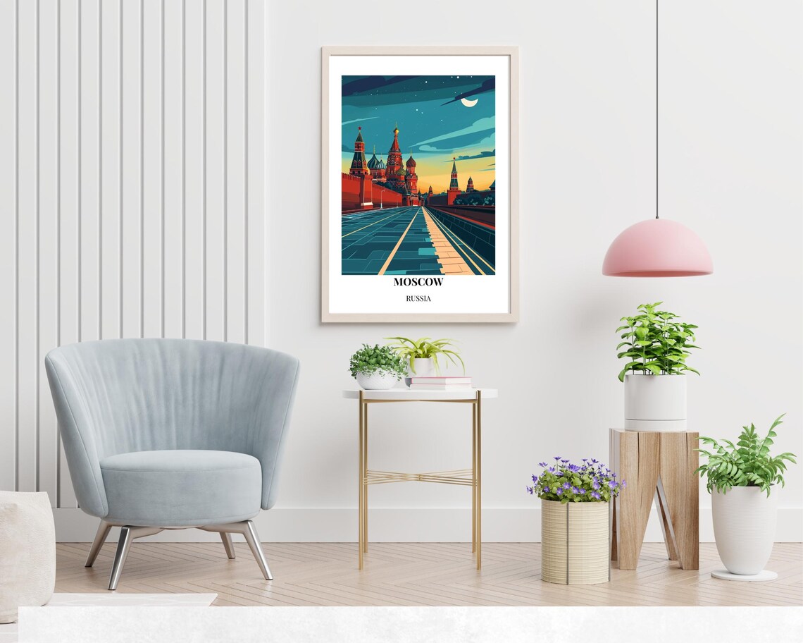 Moscow Russia Moonlit Red Square Evening Travel Poster Illustrated - Image 2