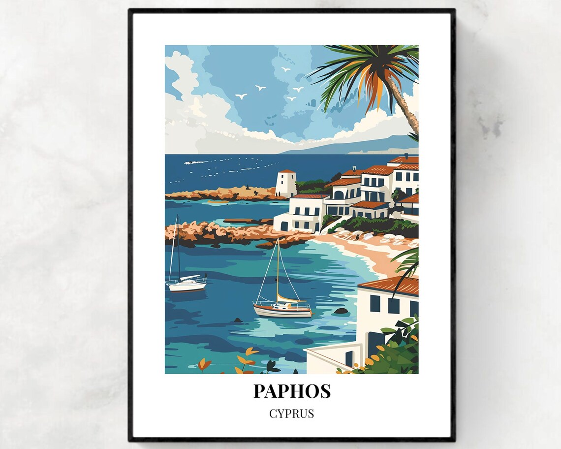 Paphos Cyprus Whitewashed Coastal Town and Sailboats Travel Poster