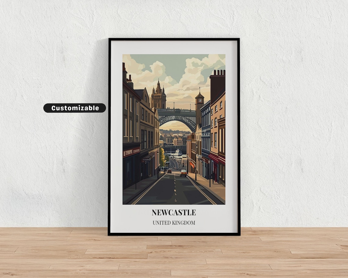 Newcastle United Kingdom Tyne Bridge Street Vintage Travel Poster