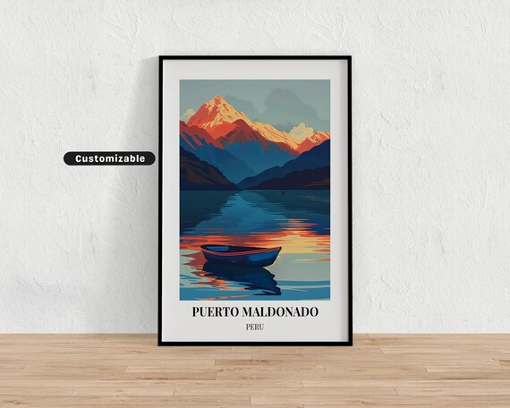 Puerto Maldonado Peru Mountain Lake Boat Sunset Travel Poster