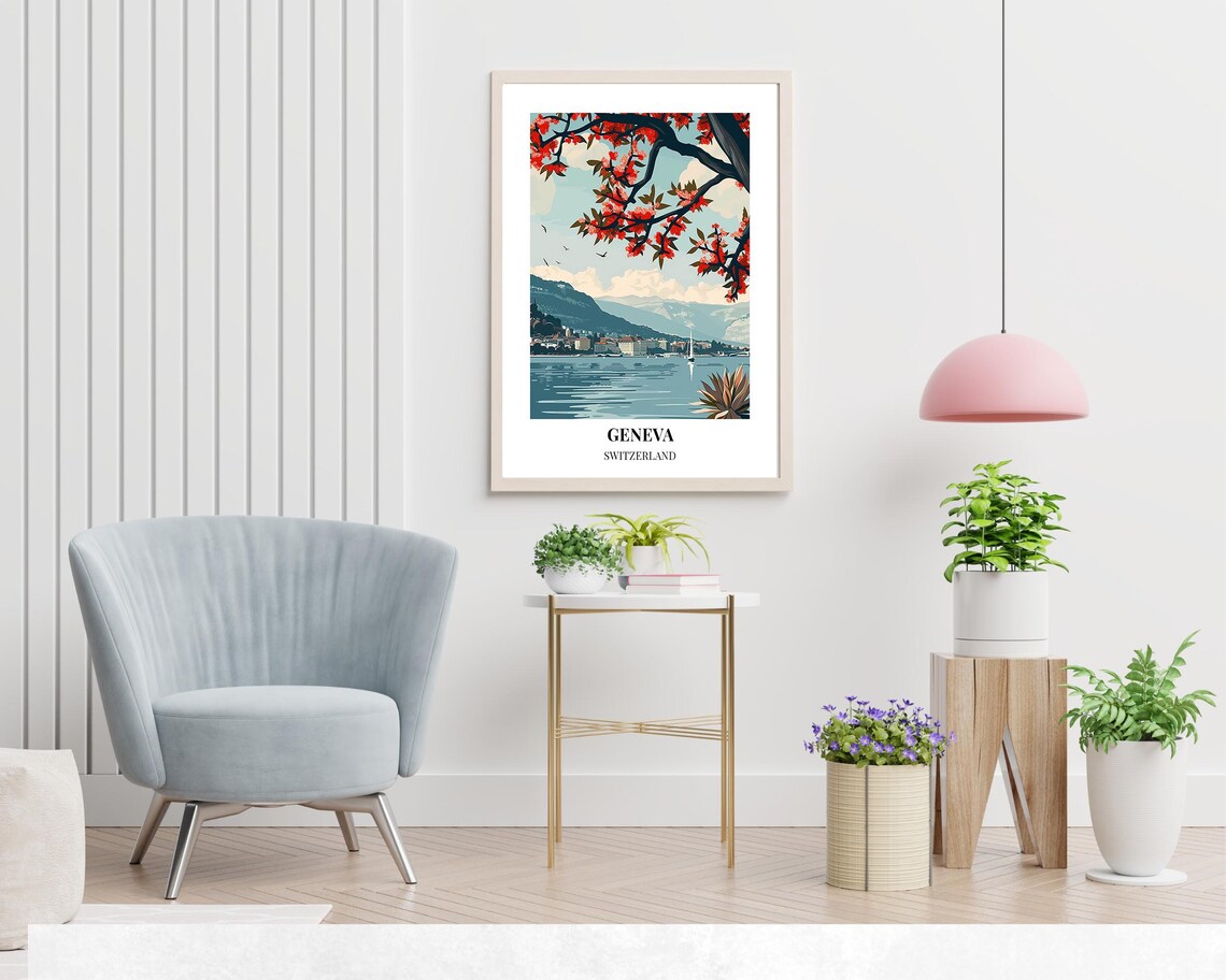 Geneva Switzerland Lake Red Blossom Branch Spring Travel Poster - Image 2