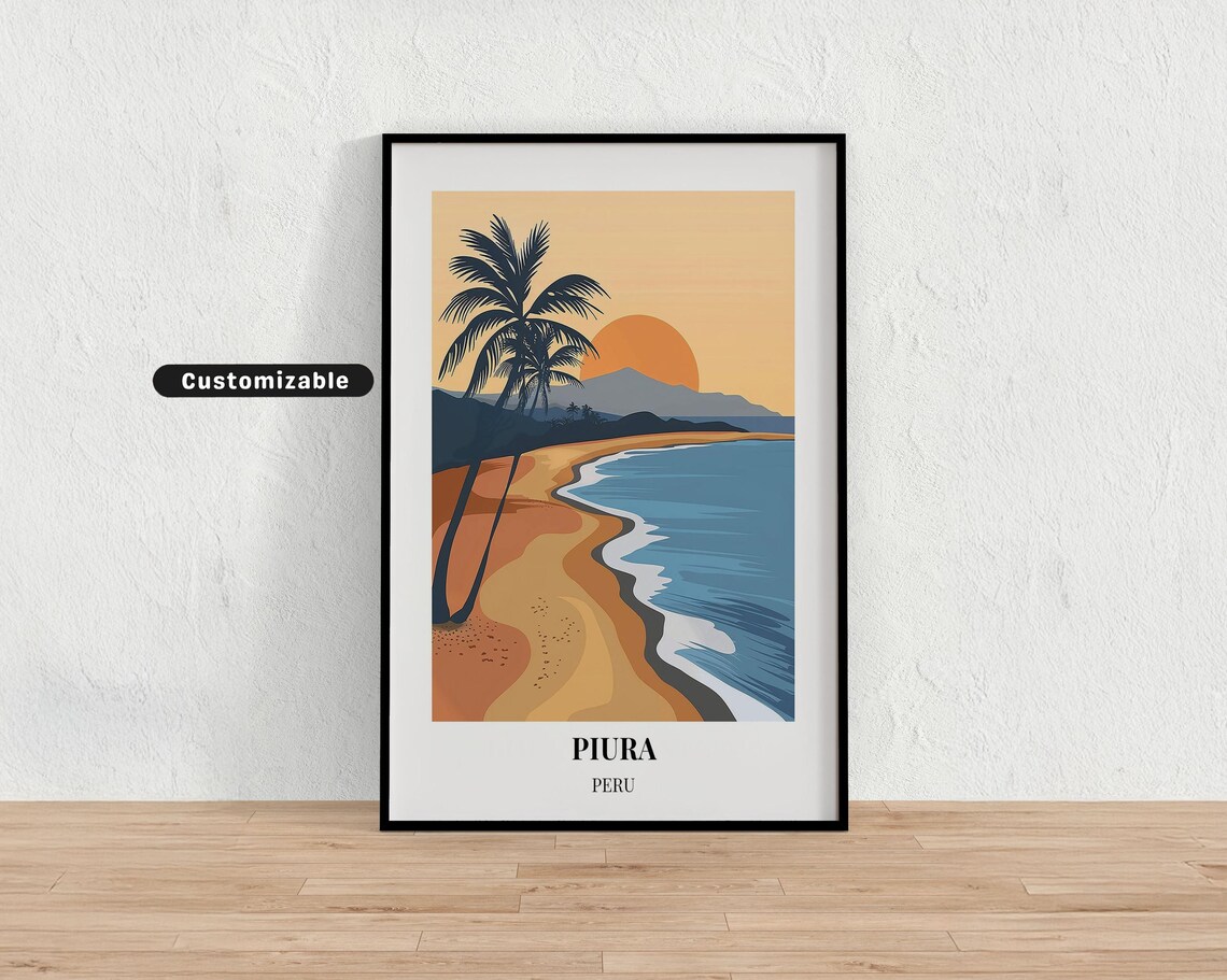 Piura Peru Beach Sunset Palm Trees Ocean Shoreline Custom Travel Poster