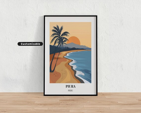 Piura Peru Beach Sunset Palm Trees Ocean Shoreline Custom Travel Poster