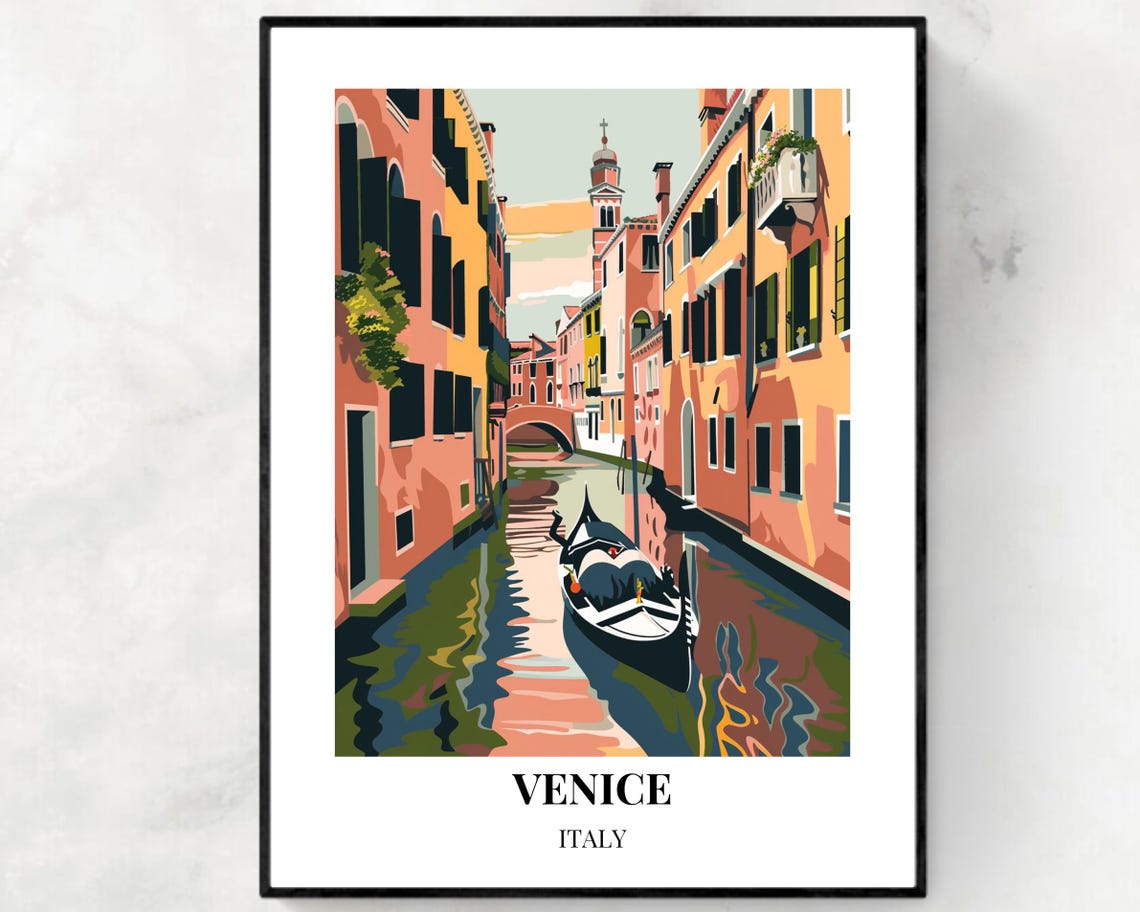 Venice Italy Gondola Gliding on Quiet Canal Vintage Travel Poster