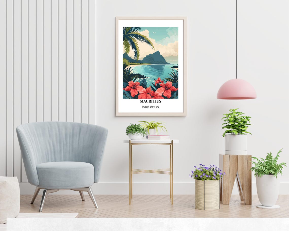 Tropical Mauritius Indian Ocean Lagoon Red Hibiscus Travel Poster - Image 2
