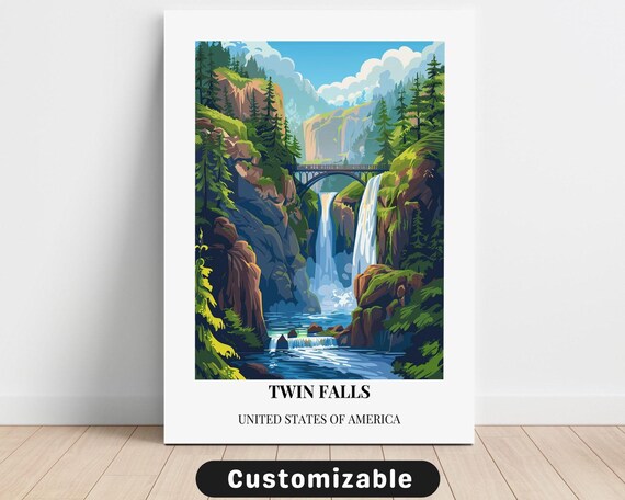 Twin Falls United States Waterfall Travel Style Vintage Poster