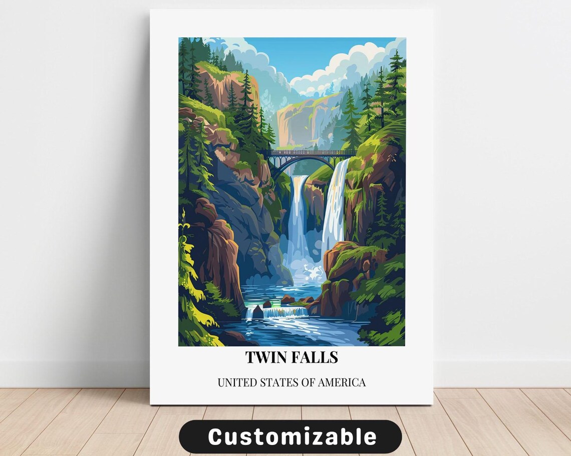 Twin Falls United States Waterfall Travel Style Vintage Poster