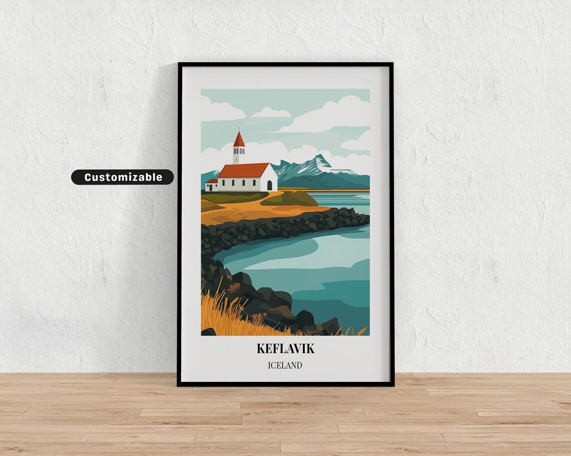 Keflavik Iceland Coastal Church Rocky Shore Customizable Poster