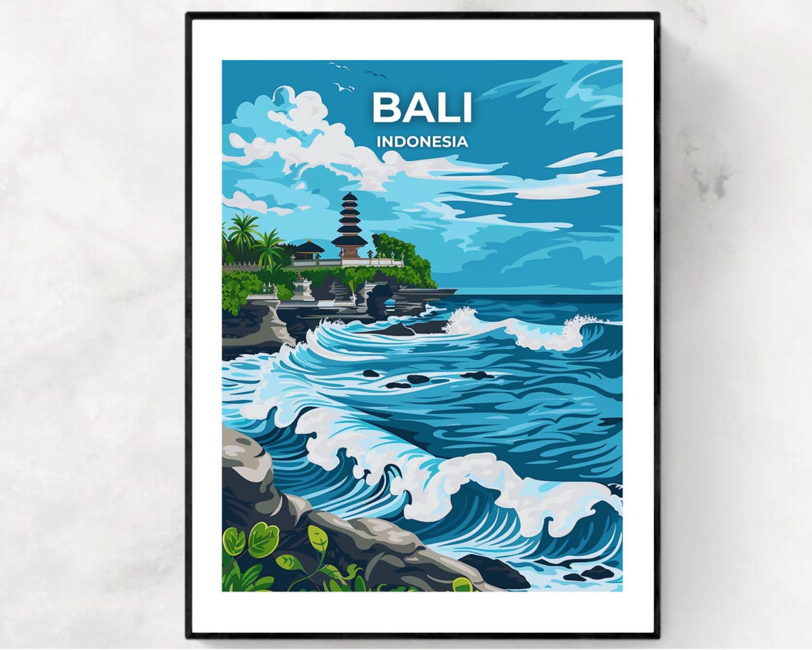 Bali Indonesia Sea Temple Cliff Crashing Waves Daytime Poster