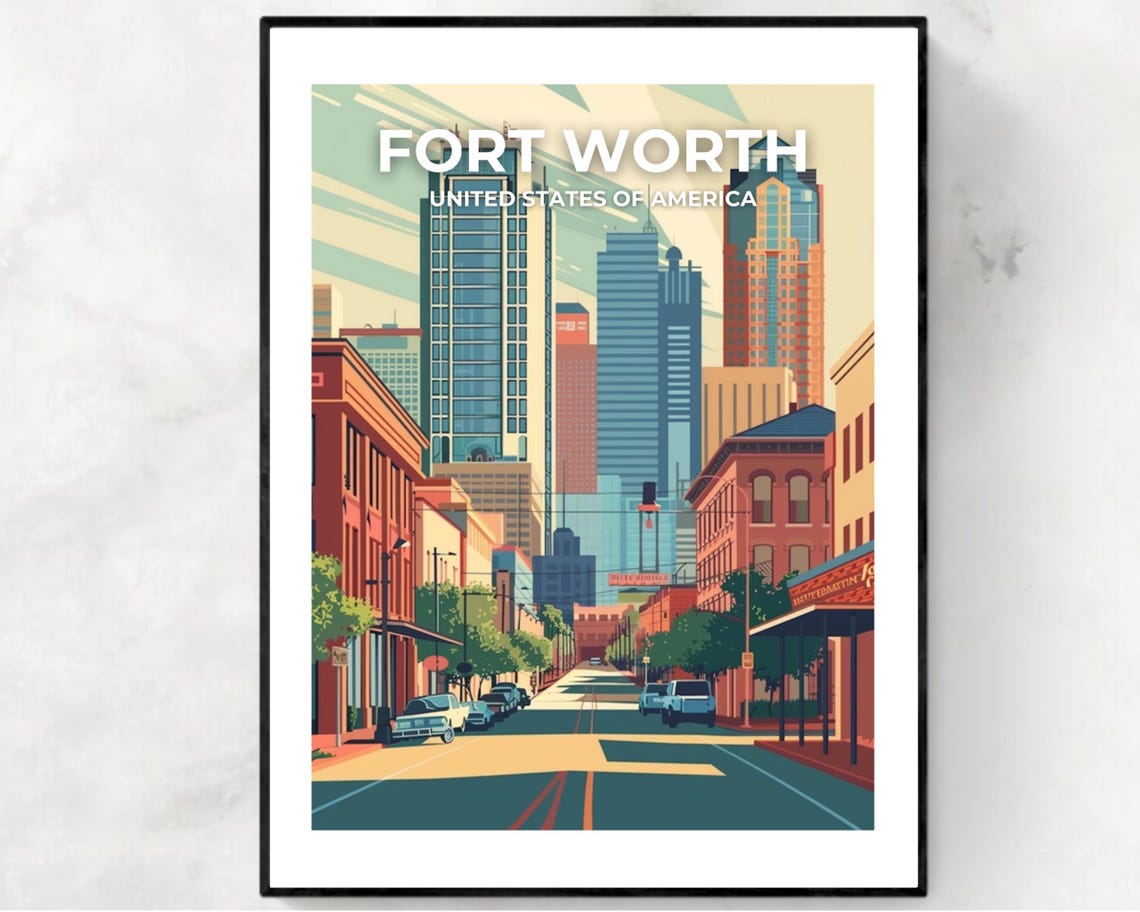 Fort Worth Texas Downtown Skyline Travel Poster with White Text
