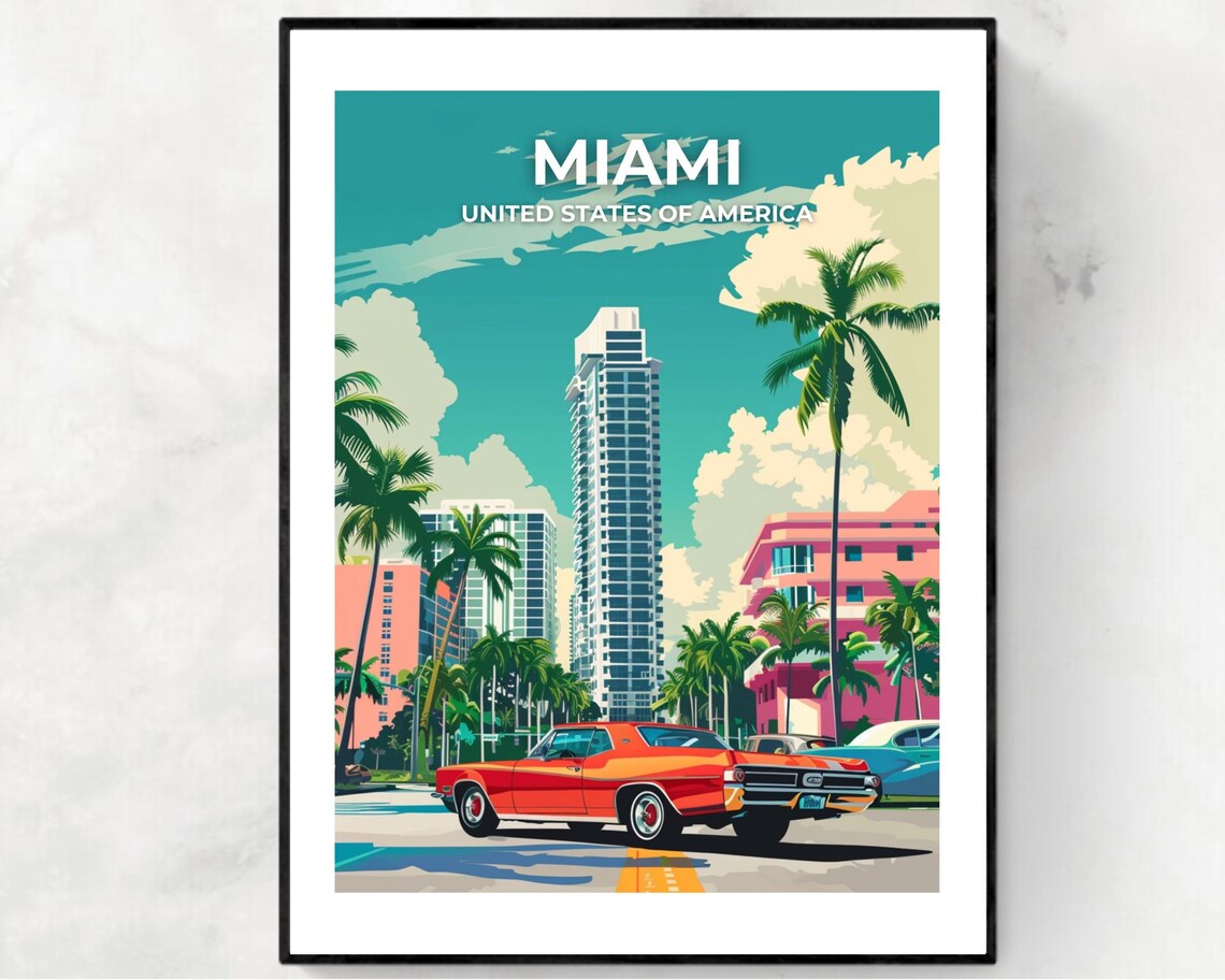 Miami Florida Classic Car Art Deco Palms Vintage Travel Poster