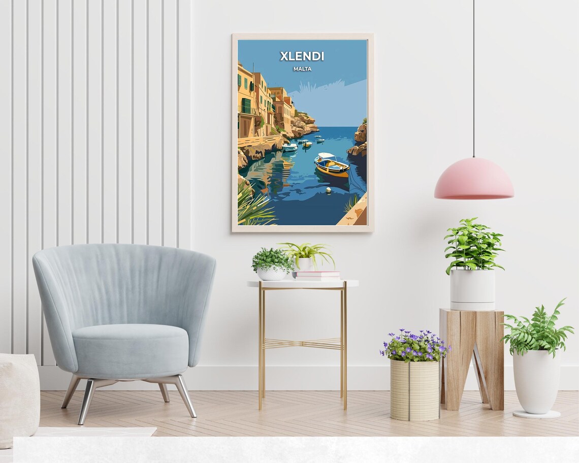 Xlendi Malta Turquoise Bay Fishing Boats Vintage Travel Poster - Image 2