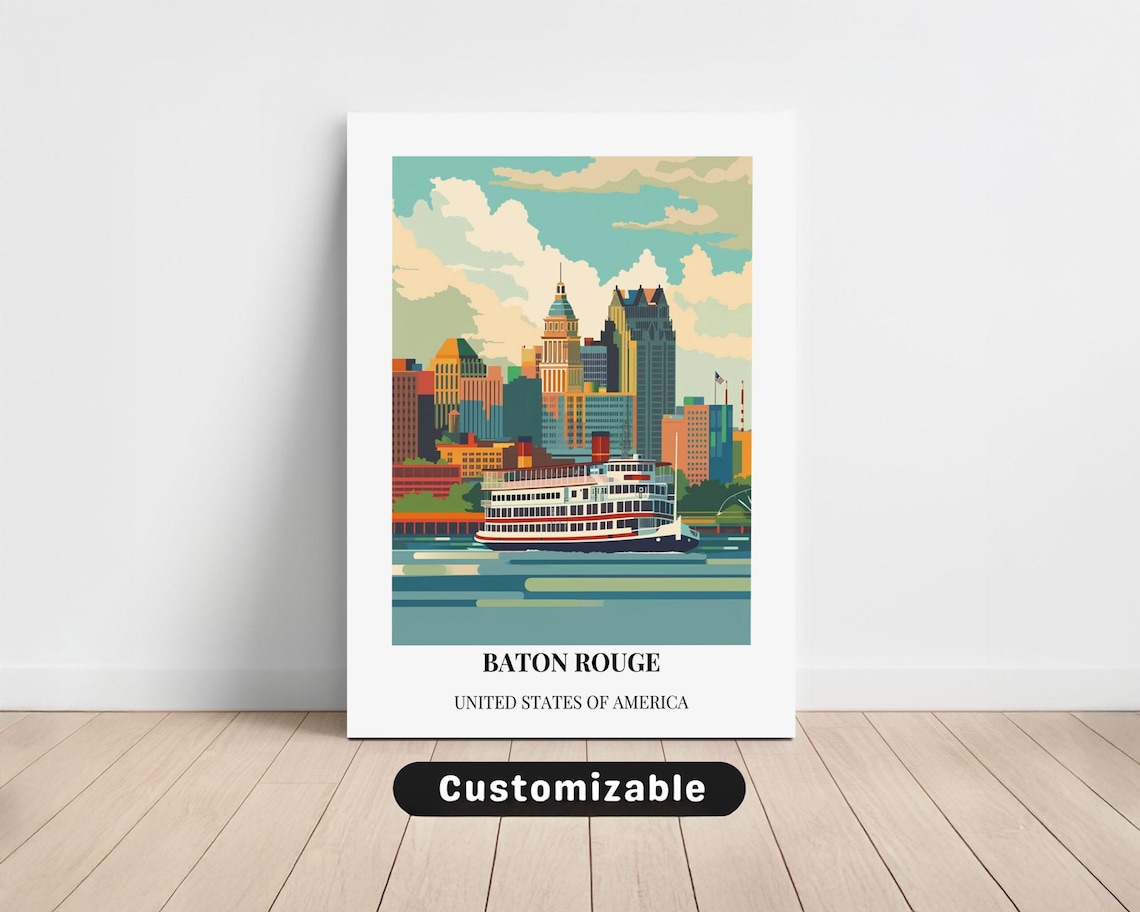 Baton Rouge Riverboat Mississippi Vintage White Border Travel Poster