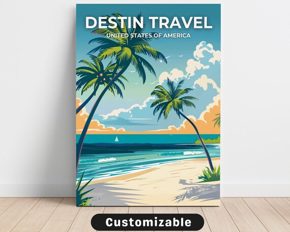 Destin Florida Beach Palms Sunset Vintage Coastal Travel Poster