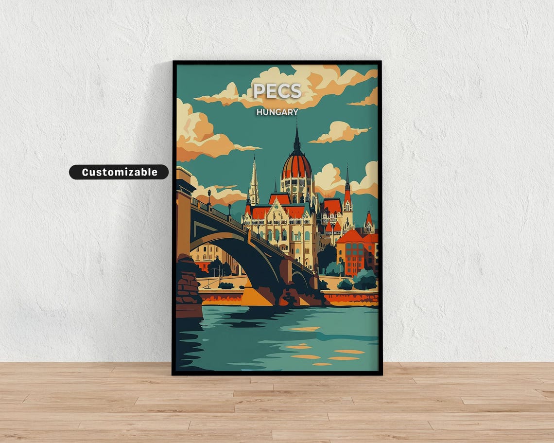 Pecs Hungary Grand Parliament Dome Bridge Retro Travel Poster