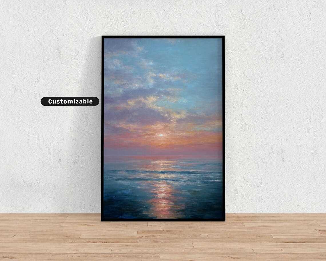 Ocean Sunset Over Water Oil Painting Style Custom Landscape Poster