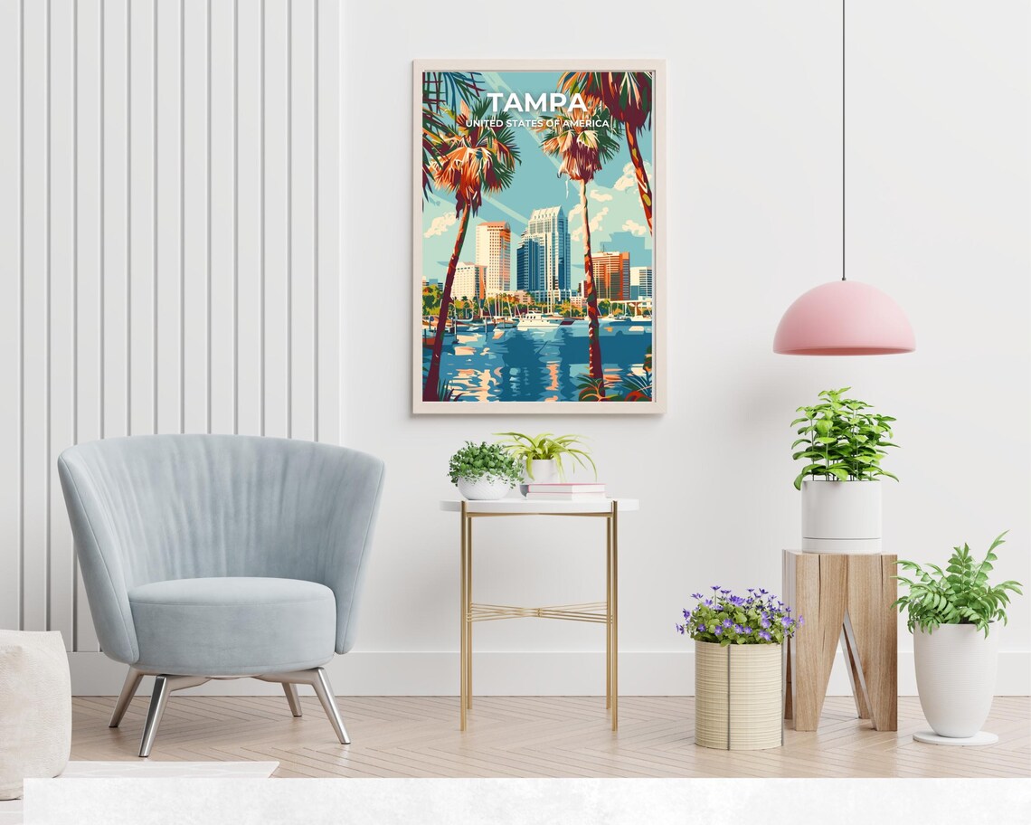 Tampa Florida Downtown Skyline Palm Trees Modern Travel Poster - Image 2